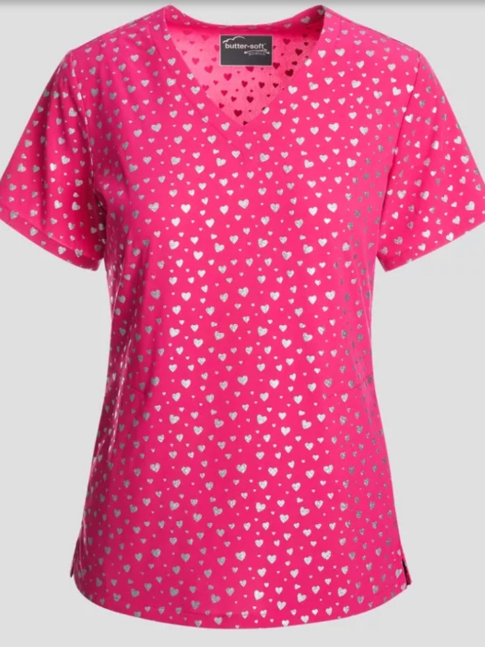 Butter-Soft STRETCH Shining Hearts Fuchsia  2-Pocket V-Neck Print Scrub Top